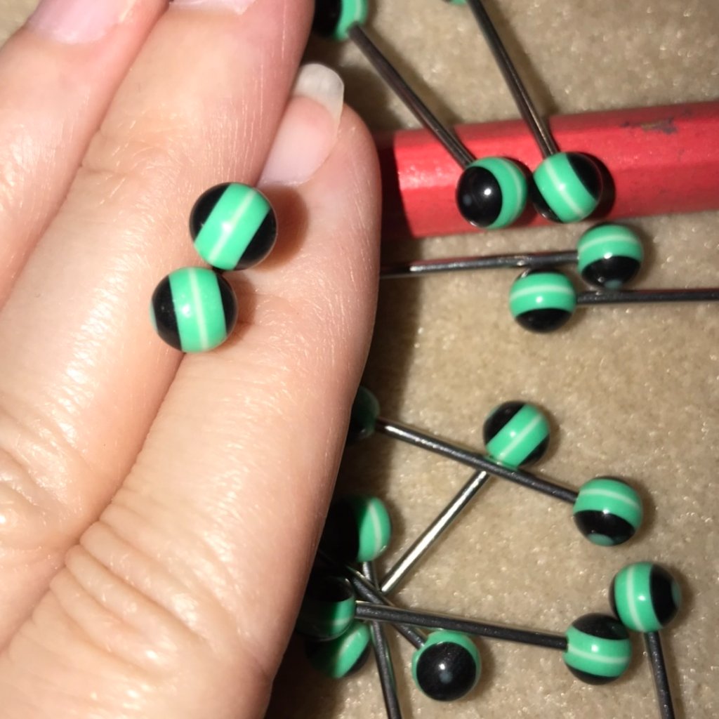 14 Gauge Black With Green And White Stripe Design Tongue Ring 5$